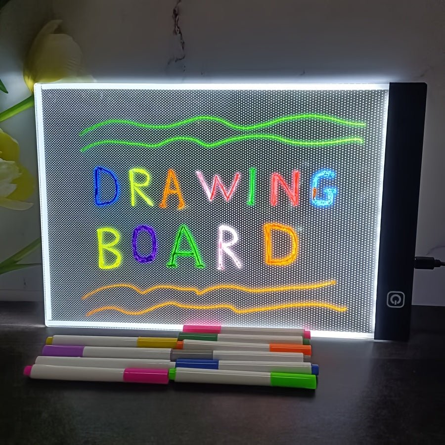 Tablette Lumineuse à LED – Planche à Dessin 3 Niveaux de Luminosité avec 12 Stylos Colorés | Idéale pour Croquis, Animation, Modèles & Tableau de Messages - Ardoise Magique