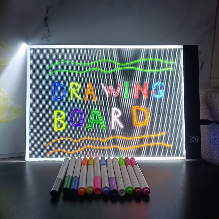Tablette Lumineuse à LED – Planche à Dessin 3 Niveaux de Luminosité avec 12 Stylos Colorés | Idéale pour Croquis, Animation, Modèles & Tableau de Messages - Ardoise Magique