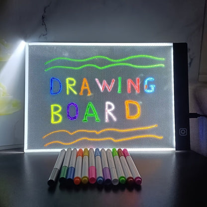 Tablette Lumineuse à LED – Planche à Dessin 3 Niveaux de Luminosité avec 12 Stylos Colorés | Idéale pour Croquis, Animation, Modèles & Tableau de Messages - Ardoise Magique