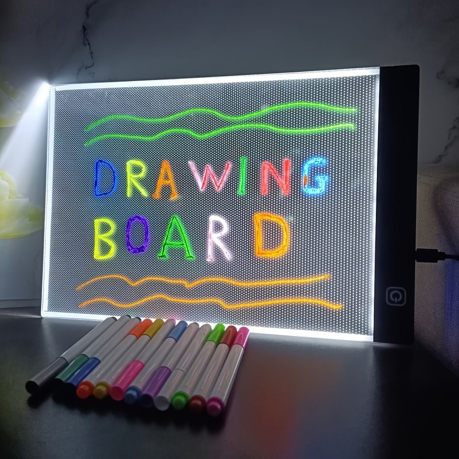 Tablette Lumineuse à LED – Planche à Dessin 3 Niveaux de Luminosité avec 12 Stylos Colorés | Idéale pour Croquis, Animation, Modèles & Tableau de Messages - Ardoise Magique